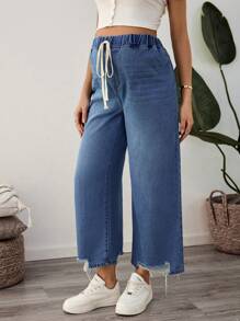 SHEIN Jeans de mezclilla con flecos y amarres a la cintura sueltos para embarazadas, adecuados para uso diario en verano