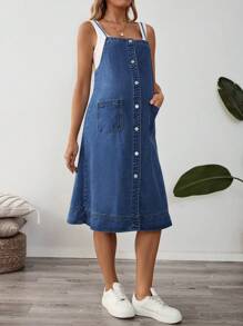 SHEIN Vestido peto vaquero casual de una sola de botones con bolsillos para maternidad