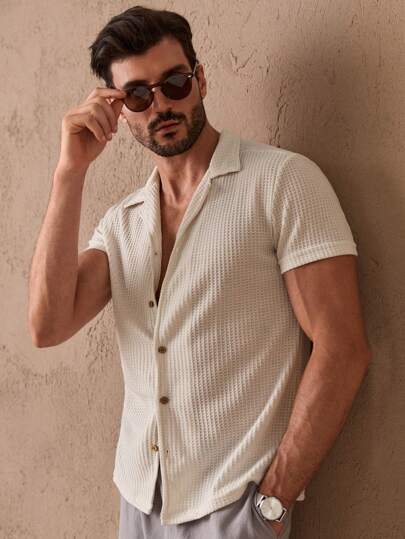 HIMLAND Camisa de manga corta casual de unicolor y textura para hombres, Old Money