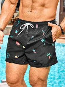Manfinity VDAYZ Pantaloni scurți de plajă de vară pentru bărbați, cu talie elastică și șnur, stil hawaian