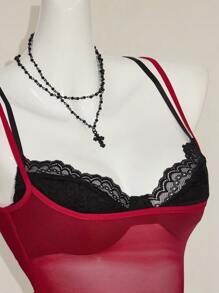 SHEIN ICON 女士红色薄纱蕾丝吊带露脐背心