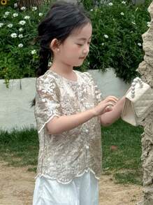 DAZY 女童圆领短袖刺绣T恤，夏季 - 卡其色 - 查看 5