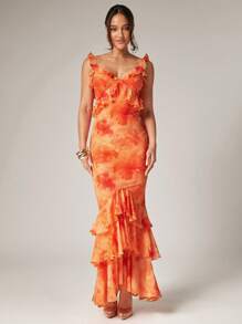 Silquee Summer Orange Smudge Print Backless Ruffles, Elegant Romantic Summer Dress, Stretch Mesh Fabric, Ruffle Spaghetti Straps Slim Maxi Dress, Romantic Date, Wedding, Night Out, Beach Vacation, Elegant Beach Vacation, Music Festival, Suitable For Spring And Summer, Suitable For Daily Date, Night Out, Party, Gathering,Boho Clothes Women, Orange Maxi Dress Ruffle Maxi Dress, Sunset Dress, Orange Formal Dress, Floral Maxi Dress - Multicolor - View 3