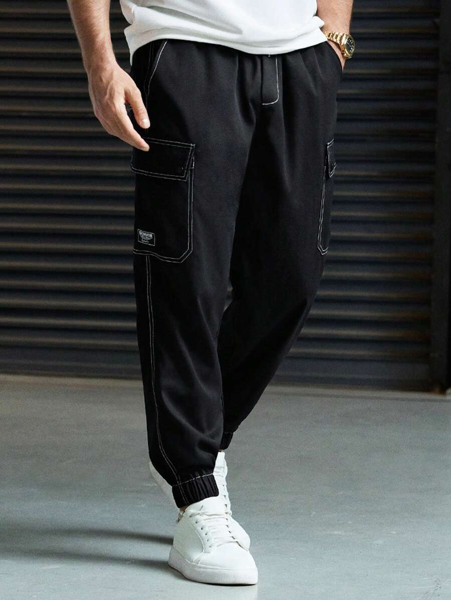 Manfinity VCAY Men's Woven Casual Daily Loose Solid Color Elastic Waist Straight Leg Cargo Pants, School - Black - View 1