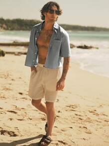 HIMLAND 男士修身条纹梭织短袖休闲衬衫 - 黑色 - 查看 5