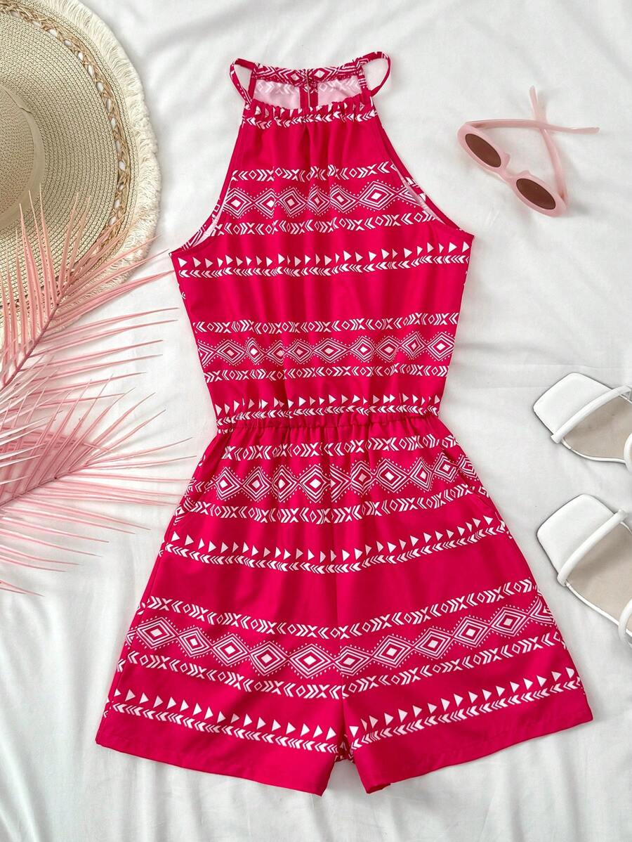 SHEIN Leap Crew TEENGIRL Pink & White Geometric Print Halter Neck Backless Cinched Waist Jumpsuit, Suitable For Vacation Style - Pink - View 1