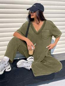 SHEIN EZwear Women's Summer Knit V-Neck T-Shirt And Pants Set, Distressed Speckle Design Casual Outfit
