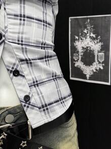 EgrlEra Damen plissierte Rüschen Puffärmel Bluse mit Karomuster Patchwork, Sommerzeit - Schwarz und Weiss - Übersicht 4