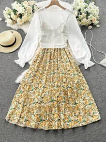 SHEIN LUNE 两件套加大码碎花吊带裙配雪纺开衫罩衫，浪漫夏日风女装夏季套装，适合职场女性穿着。 - 彩色 - 查看 2