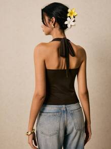 Poéselle Top corto marrón con cuello de halter y cuentas, ropa de calle de estilo boho, ideal para vacaciones de verano, conciertos de música country y festivales