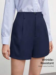 BizChic 女士纯色褶皱短裤，都市通勤简约优雅时尚教师装，商务休闲办公装，秋季款 - 藏蓝色 - 查看 10