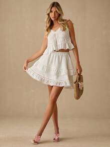 Enchnt Spring/Summer Romantic Women's White Elastic Waist Double-Layer Lace Hem Short Skirt, Casual&Comfortable For Birthday&Holiday Party&Sweet Date&Daily Commuting&Graduation&Vacation&Wedding Season Essential,Summer Versatile,Concert,Easter, - White - View 4