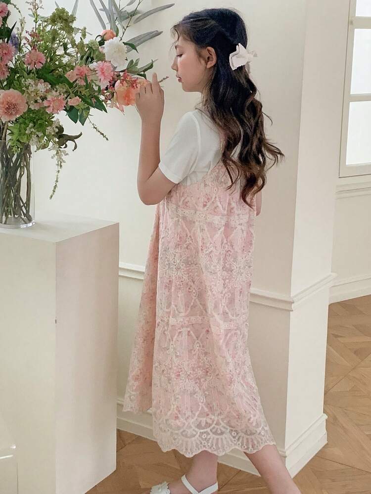 2pcs/Set Tween Girls Round Neck Knit Short Sleeve T-Shirt + Dress Suspender Sleeveless Dress, Summer