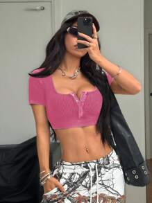 Coolane Women's  Summer Grunge Sportswear Cotton Cable-Knit Washed Button Down Hot Pinks Cropped T-Shirt ,Beach Vacation Outfits - Hot Pink - View 5