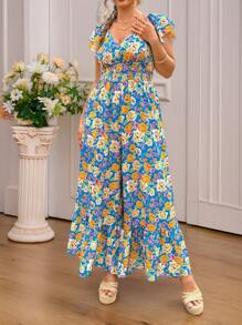 SHEIN LUNE Plus Size Summer Elegant Floral Print Ruffle Trim Wide Leg Jumpsuit Boho Mother Day Vacation Relaxed Outfit - Multicolor - View 4