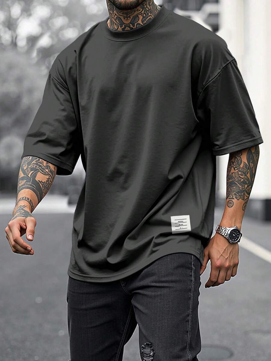 Manfinity Homme Men's Solid Color Letter Print Casual Round Neck Short Sleeve T-Shirt, Summer Streetwear Men Shirts - Dark Grey - View 1