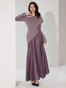 Heiryn Women Asymmetric Collar Patchwork Dress - Purple - View 4