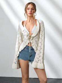 RueChic Women Solid Color Hollow Out Ruffle Detailed Front Tie Cardigan - White - View 3