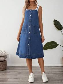 SHEIN Vestido peto vaquero casual de una sola de botones con bolsillos para maternidad