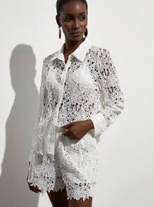Aveloria Modichic New French Style Vacation Elegant Women Retro Refined Luxe Loose Lace Fabric Shirt With Collar Matched Loose Shorts 2Pcs Set - White - View 4