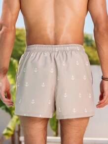 Manfinity VDAYZ Men's Anchor Print Drawstring Waist Beach Shorts, Hawaiian Men Swim Trunks Matching Beach Outfits For Man, Beige Swim Trunks, Men Beachwear, Mens Swim Trunk Matching, Manfinity Vdayz Swim Trunks, Tan Pajama Shorts For Men