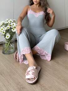 European Style Sexy Lady Pink Lace Patchwork Sleepwear Set - Multicolor - View 6