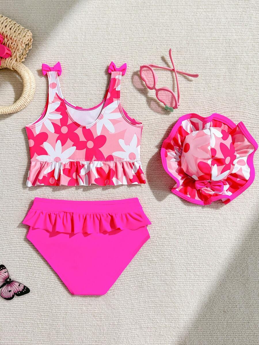Bikini triangular con volantes y de unicolor / estampado para niñas/niñas pequeñas, con sombrero desmontable, lindo - Rosa Fucsia - Ver 1