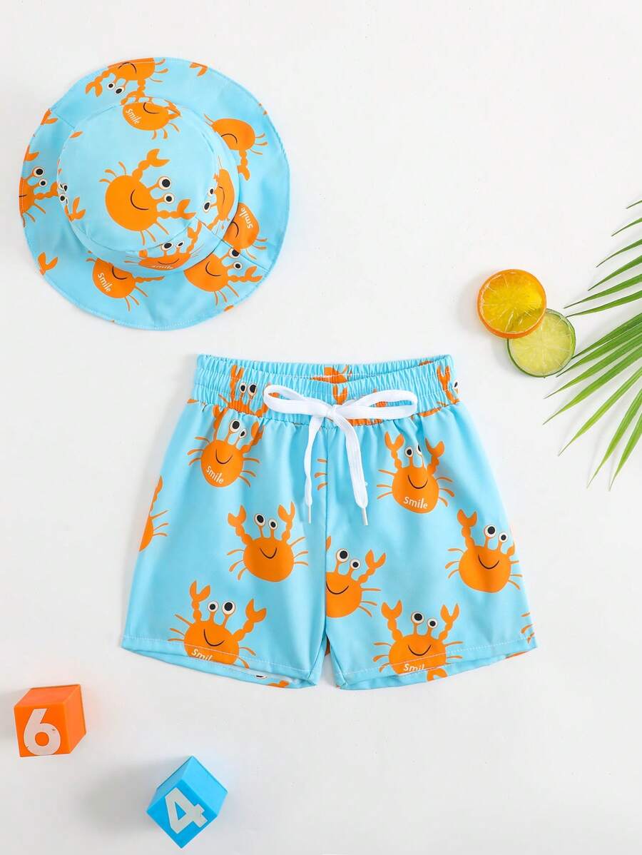幼儿男童可爱甜甜圈印花羊毛泳裤（带遮阳帽） - 彩色 - 查看 1