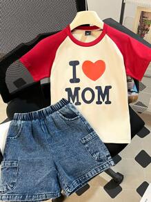 SHEIN 小男孩字母印花、撞色心形设计短袖 T 恤和牛仔裤 2 件套、母子装（单独出售） - 彩色 - 查看 8