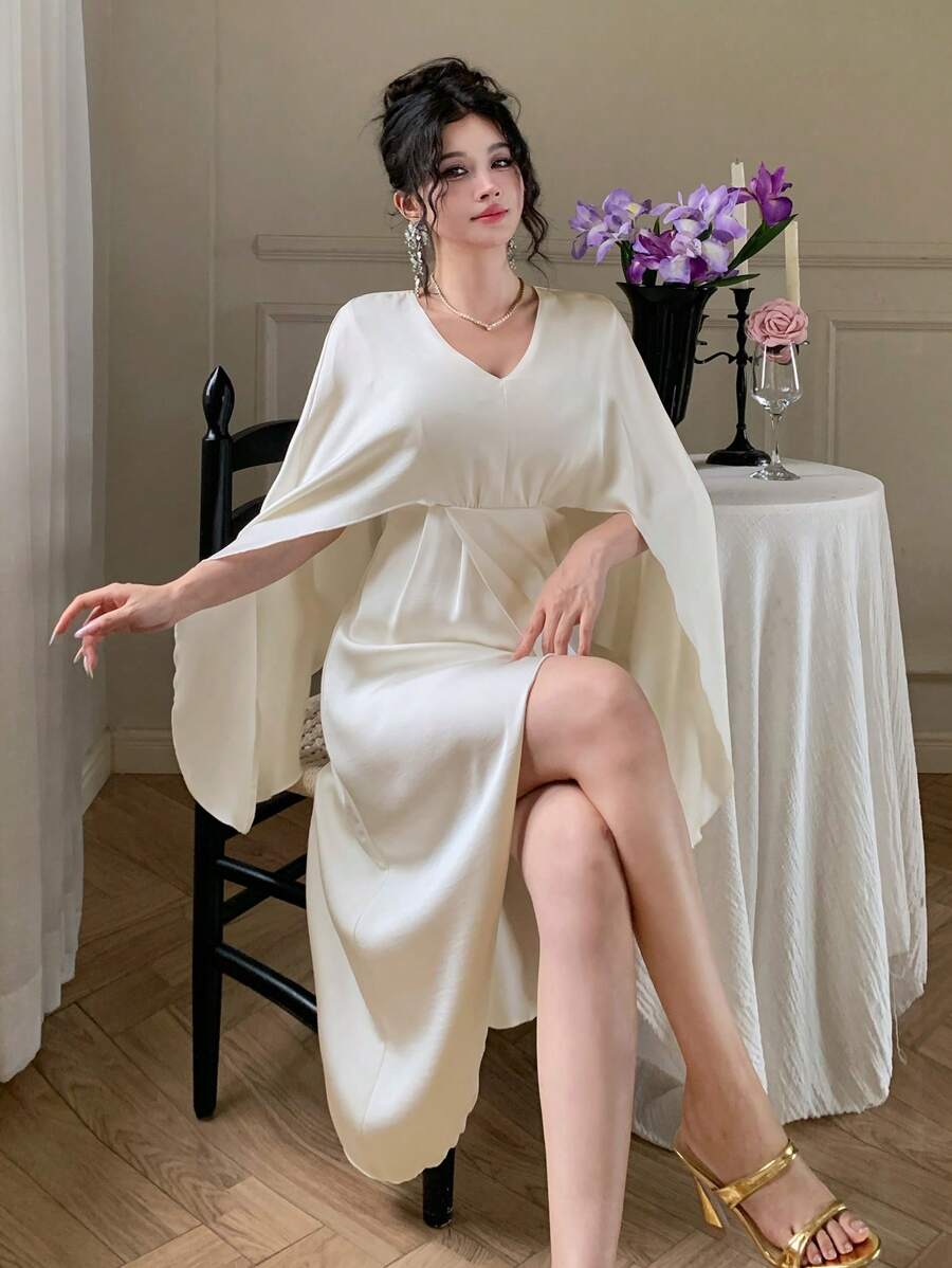 DAZY 女式中长款二合一 V 领系带斗篷/斗篷连衣裙，纯色夏季度假风格生日派对鸡尾酒会礼服，婚礼宾客礼服