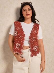 Elaquor 大码女式贝壳刺绣无袖开襟背心 - 紅木色 - 查看 3