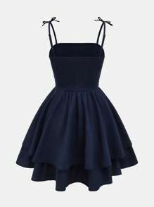 SHEIN Girlism 少女梭织素色荷叶边多层泡泡褶皱下摆休闲无袖连衣裙 - 藏蓝色 - 查看 5