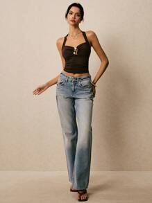 Poéselle Top corto marrón con cuello de halter y cuentas, ropa de calle de estilo boho, ideal para vacaciones de verano, conciertos de música country y festivales