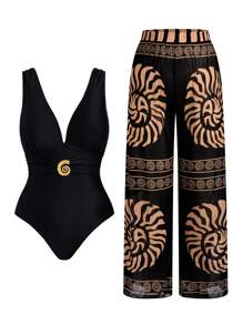 Swim Oasis 全新大码女式性感V领连体泳衣，含网眼裤，修身两件套泳衣 - 黑色 - 查看 2