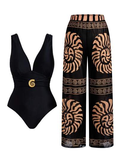 Swim Oasis Nuevo traje de baño de una pieza con cuello en V y pantalones de malla para mujer talla grande, conjunto de dos piezas estilizador