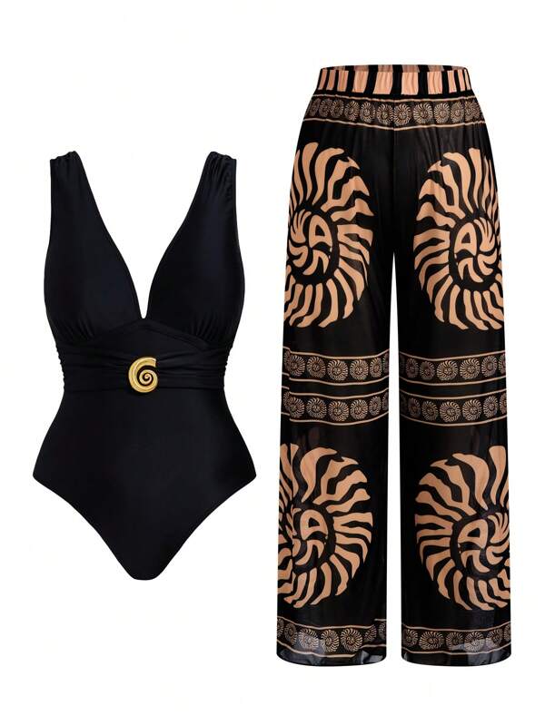 Swim Oasis New Plus Size Women Sexy V-Neck One-Piece Swimsuit With Mesh Pants, Slimming Two Pieces Swimwear For Summer Beach Vacation