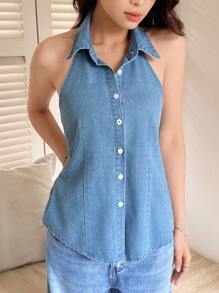 SHEIN EZwear 女式休闲牛仔上衣，修身无袖，挂脖领，蓝色 - 淺色水洗藍 - 查看 3