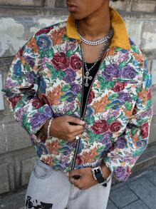 Manfinity EMRG 男士夏威夷印花花卉图案提花夹克夏季外套，街头时尚彩色图案长袖夹克，适合秋季送给朋友、丈夫、男朋友的礼物