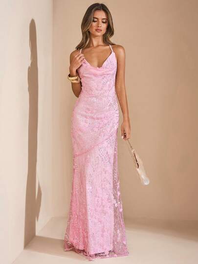 SHEIN BAE Solid Color Textured Glitter Cami Dress With Backless Strap, Suitable For Resort & Beach, Spring/Summer Flower Print Beaded Sequin Embellished Dress, Backless Pink Dress, Spring/Summer Party Dresses For Women