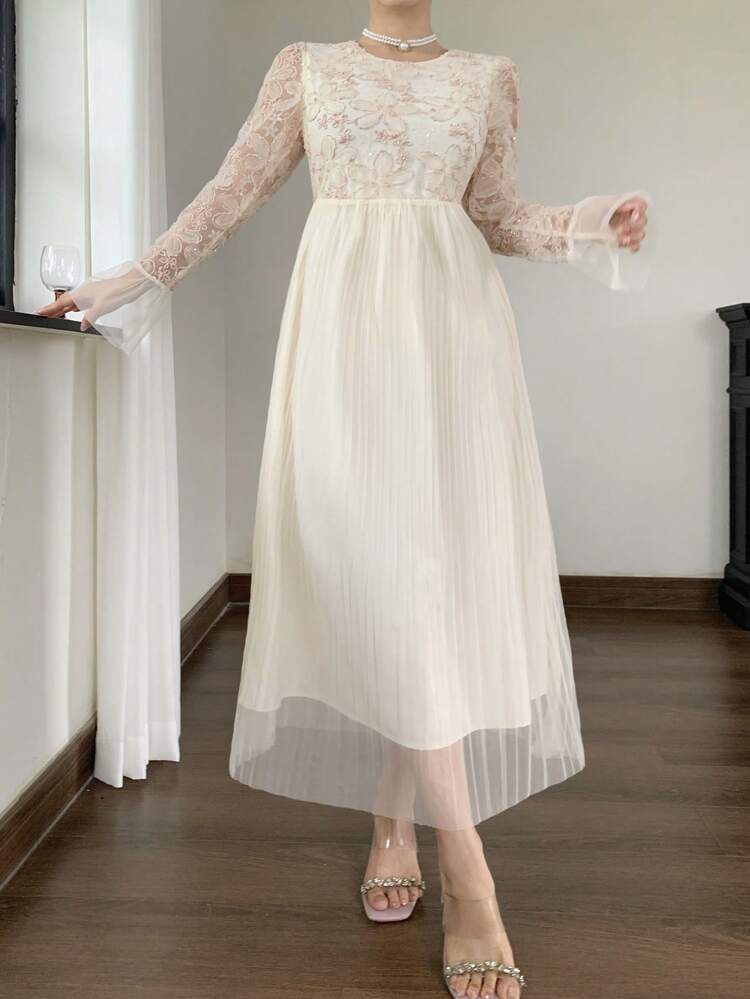 New Fall Elegant Textured Midi Dress For Wedding Guest Ladies Long Sleeve Dress