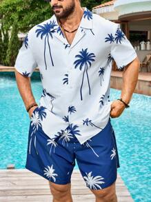 Manfinity Plus Size Men Palm Tree Print Shirt And Shorts Beach Suit, Hawaiian - Navy Blue - View 5