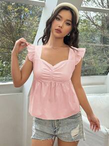 SHEIN Unity Áo sơ mi họa tiết màu trơn có nhún ngực và áo peplum cổ tim - Hồng - Xem 4