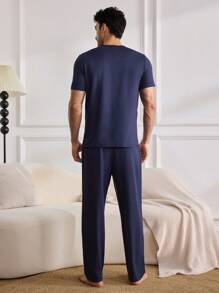 Comfortable Short Sleeve Tee And Long Pants Heart Denim Pajamas Set For Men - Navy Blue - View 3