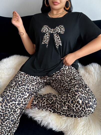 SHEIN Plus Size Women Leopard Print Bow Decor Round Neck Short Sleeve Top & Pants Pajama Set, Loungewear, Outfits
