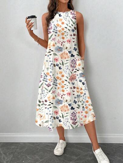 SHEIN LUNE 大码女式花卉印花休闲宽松假日连衣裙，浪漫夏日风格