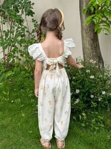 LMoss Kids LMoss  Young Girl Woven Solid Color Ruffled Collar Fitted Jumpsuit - Multicolor - View 6