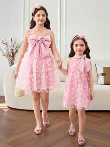 Tween Girl Woven Solid Color Big Bow Camisole Top & 3D Floral Skirt 2 Pieces Set, Cute Princess Dress - Pink - View 4