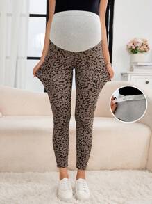 SHEIN Maternity Leopard Print Elastic Waist Adjustable Skinny Jeans - Dark Wash - View 7