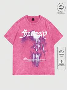 ROMWE MEN Street Life Men's Casual Acid-Washed Slogan Printed T-Shirt, Summer - Pink - View 5