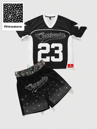 Street Life Herren T-Shirt Set, Straßen-American Design sportlicher Stil Shorts mit Baumast-Doppelbund und Strass